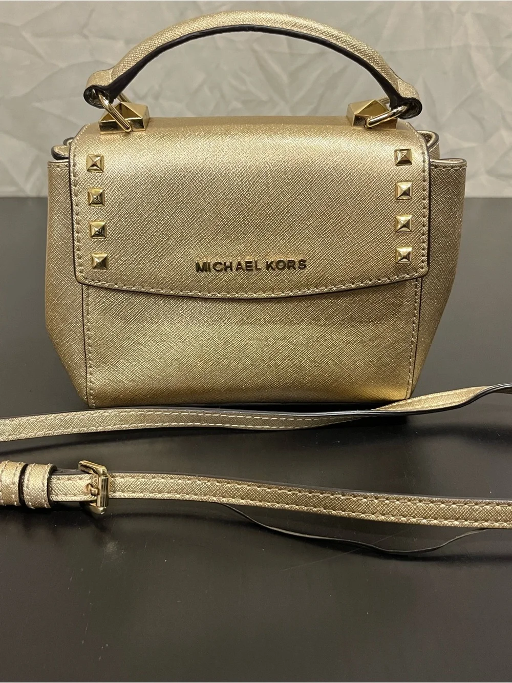 Michael Kors Gold studded top handle bag with attachment for crossbody bag